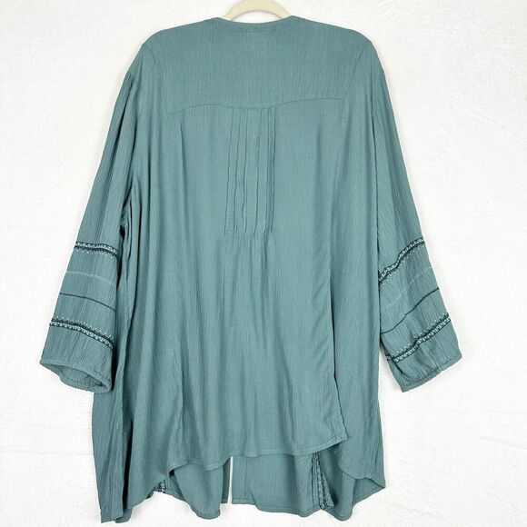 J Jill Embroidered Pintuck Tunic Size 2X New Blue Spruce Boho Crinkle Gauze - Picture 2 of 7